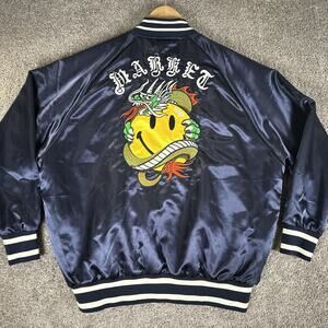 Market Studios X Smiley Jacket Mens L Navy Blue Satin Snap Bomber Streetwear NYC